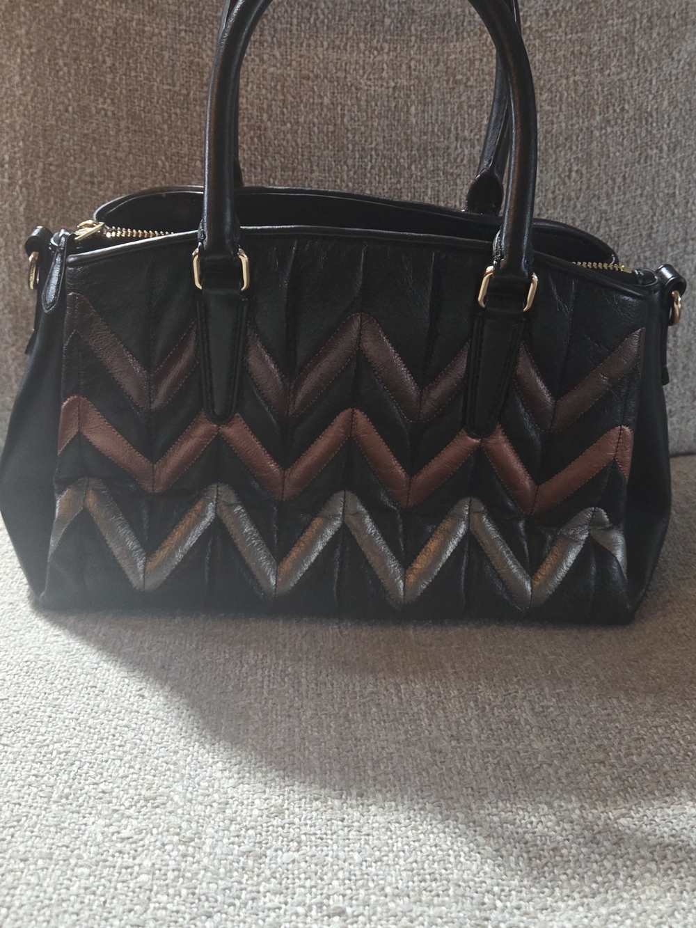 Coach Black Leather Chevron Satchel with Metallic Accents - Picture 2 of 6